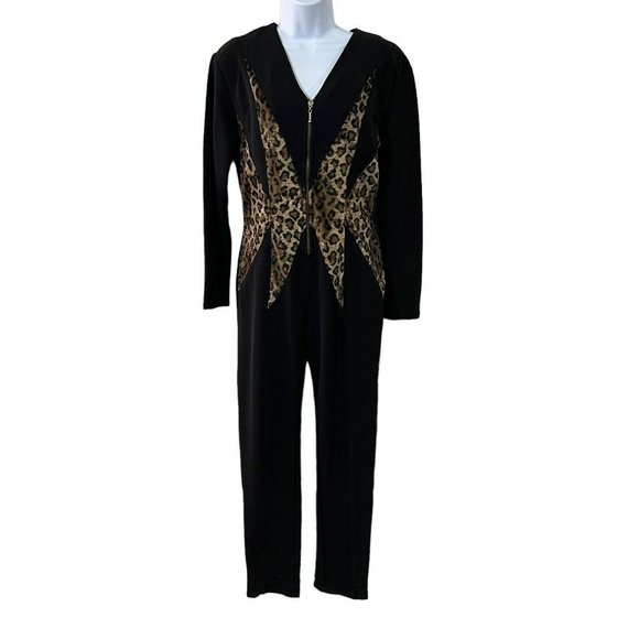Vintage Pants - Vintage 80's Black Stretchy Furry Trimmed Leopard Print Bodycon Jumpsuit USA S ?